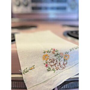 Delicate Vintage Hand Embroidered Linen Tea Towel with Floral Border 20"L x 15"W